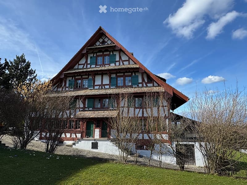 Traditional two-story house with a steeply pitched roof, white and brown timber framing, green shutters, and a stone foundation.