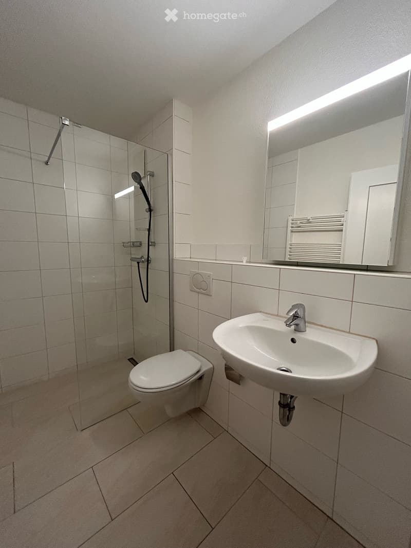 Modern bathroom with white tiles, a toilet, a sink with a modern faucet, a large mirror with built-in lighting, and a glass-enclosed shower with a handheld showerhead.