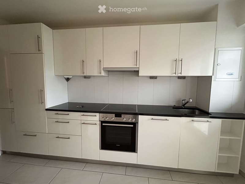 Modern kitchen with white cabinets, black countertops, and stainless steel appliances including an oven and sink.