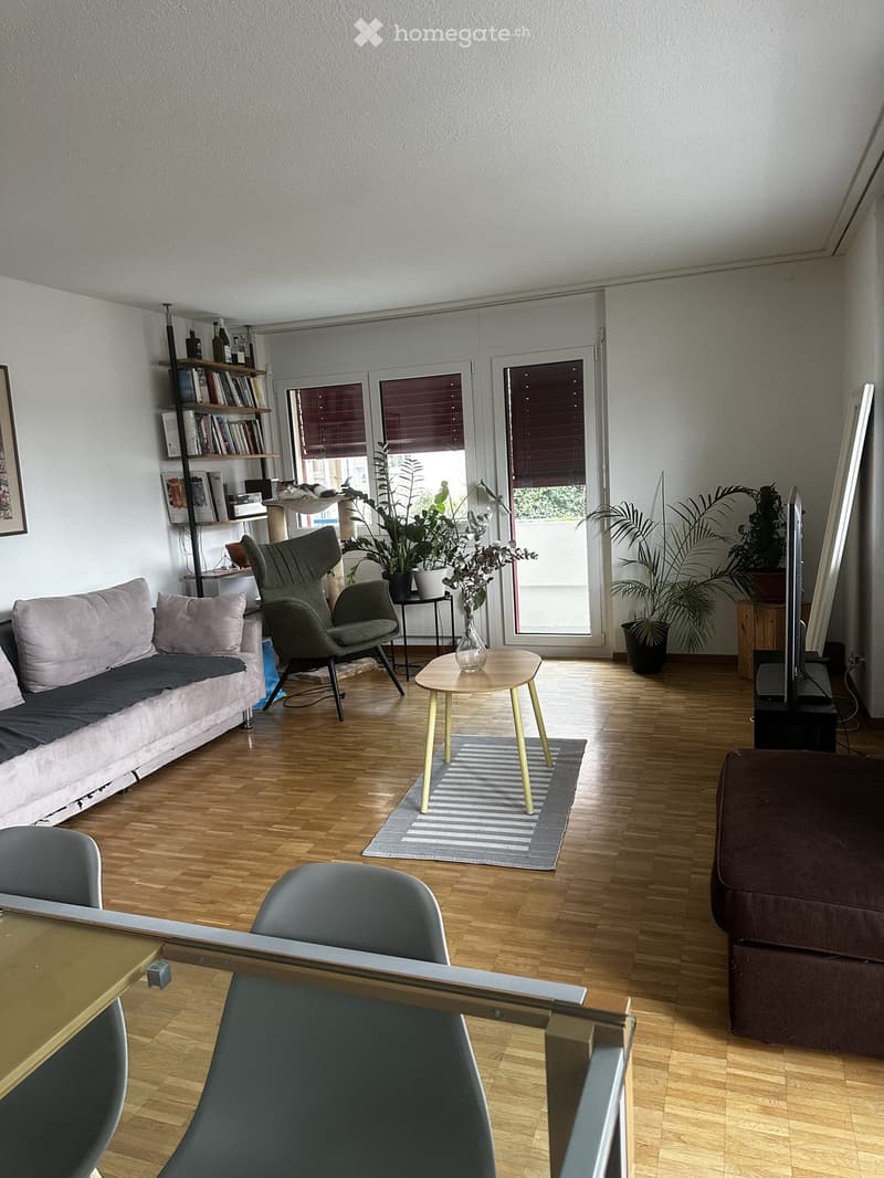 Modern living room with wooden flooring, large windows, and a balcony door. Features a sofa, armchair, small round table, television, bookshelf, and several potted plants.