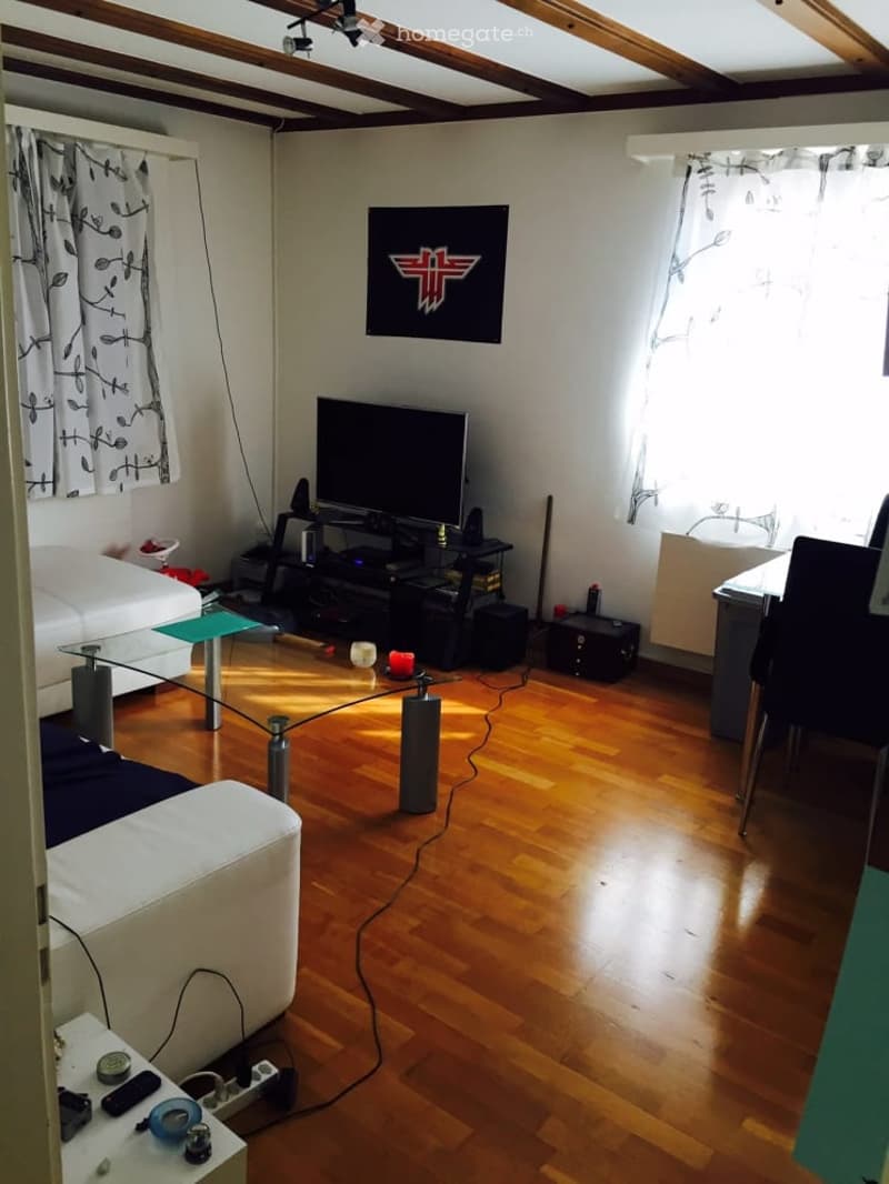 Modern living room with wooden flooring, white sofa, glass coffee table, flat-screen TV, and dining area with chairs and table.