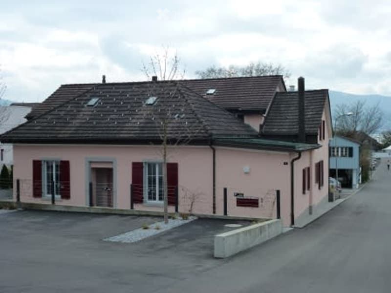 Two-story pink house with red shutters, multiple windows, and a small tree in front.