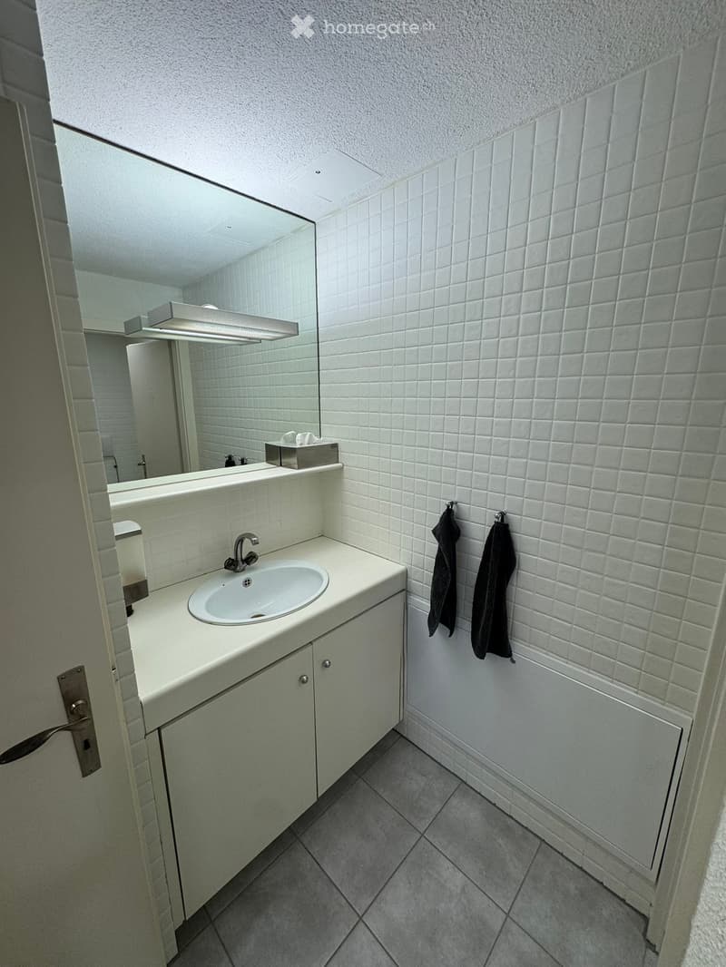 Modern bathroom with white tiled walls, a white sink, a large mirror, and two black towels hanging on the wall.