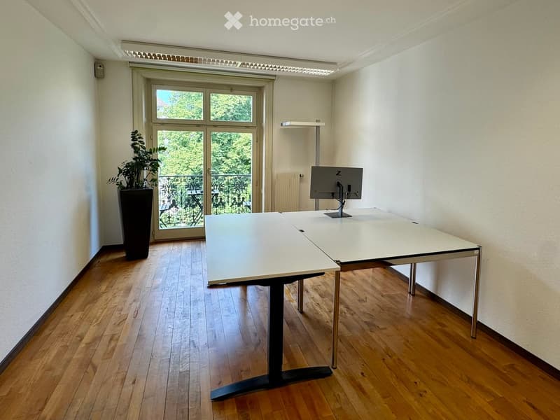 A modern, minimalist room with a large wooden table, a screen on a stand, and a potted plant near the window. The room has light-colored walls and wooden flooring.