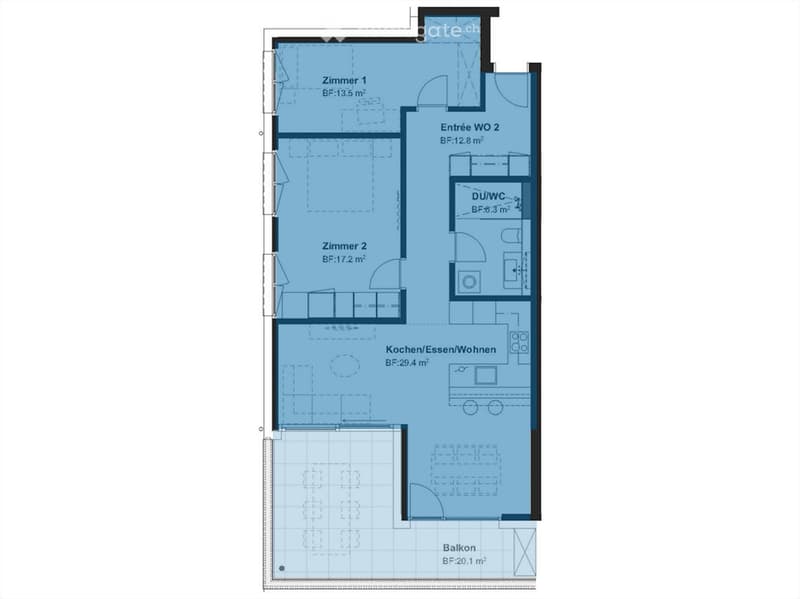 Floor plan showing a 2-bedroom apartment with a combined kitchen/dining/living area, a bathroom, and a balcony.