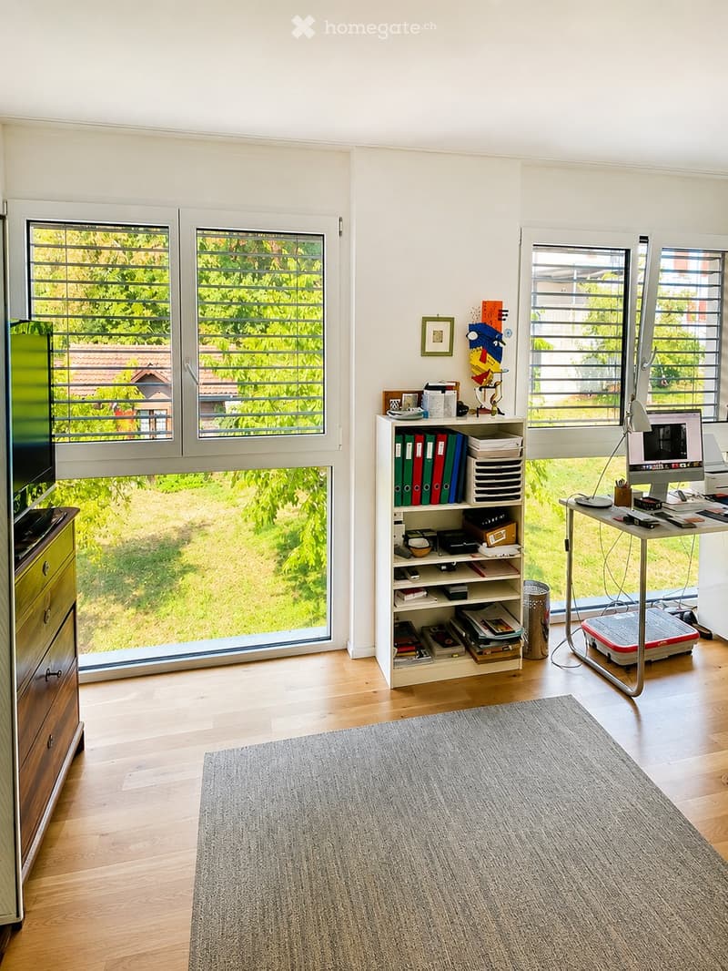 Bright, modern room with wooden flooring, large windows, a desk with a computer, a bookshelf, and a rug.