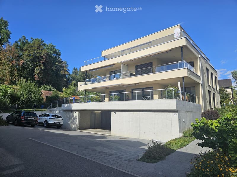 Modern two-story house with a raised ground floor, garage, and parking area. Features large windows, balconies, and contemporary design.