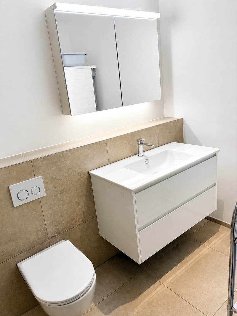 Modern bathroom with a white sink, faucet, large mirror, cabinet, and toilet.