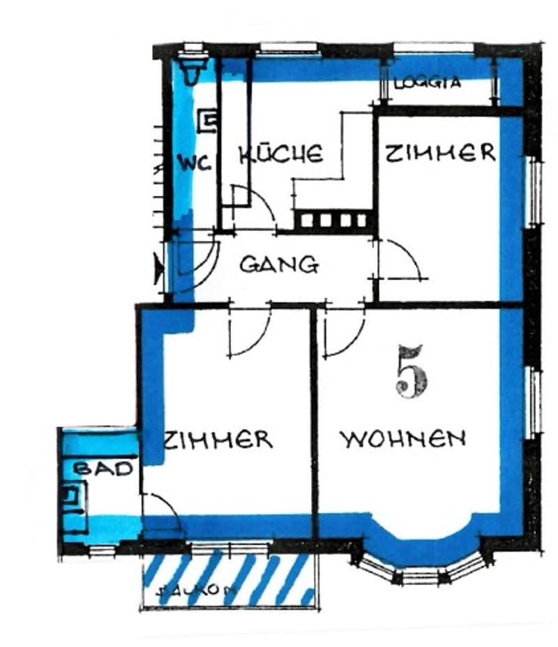 Floor plan of a 5-room apartment including living room, kitchen, bedrooms, bathroom, hallway, and entrance area.