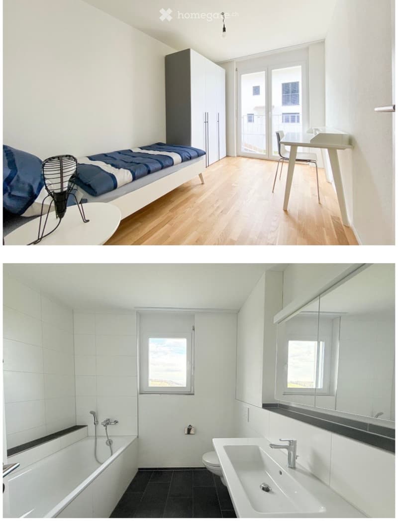 The top image shows a modern, minimalist bedroom with a single bed, a chair, a small table, and a wardrobe. The bottom image depicts a sleek, contemporary bathroom featuring a bathtub, sink, and toilet, all set against white tiled walls and dark flooring.