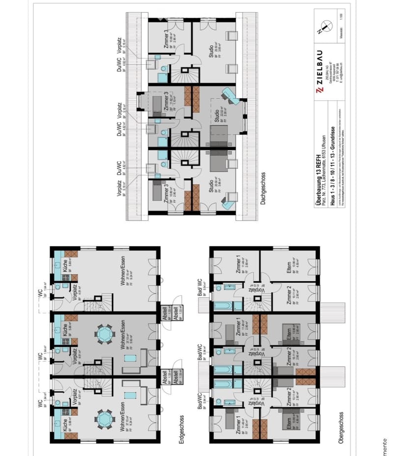 Floor plan of a multi-level residential building showing three floors with multiple rooms including kitchens, bathrooms, living areas, bedrooms, and studios.
