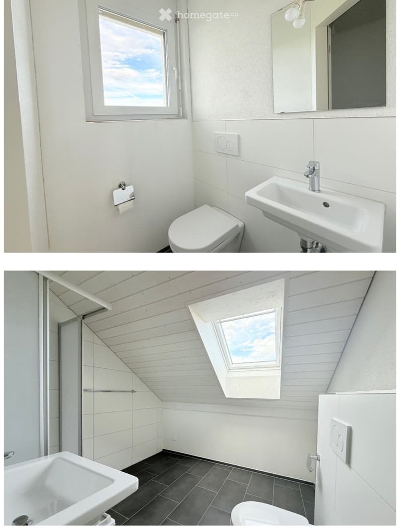 Two modern bathrooms with white tiles, a toilet, sink, mirror, and bathtub. The second bathroom features a skylight window and dark tiled flooring.