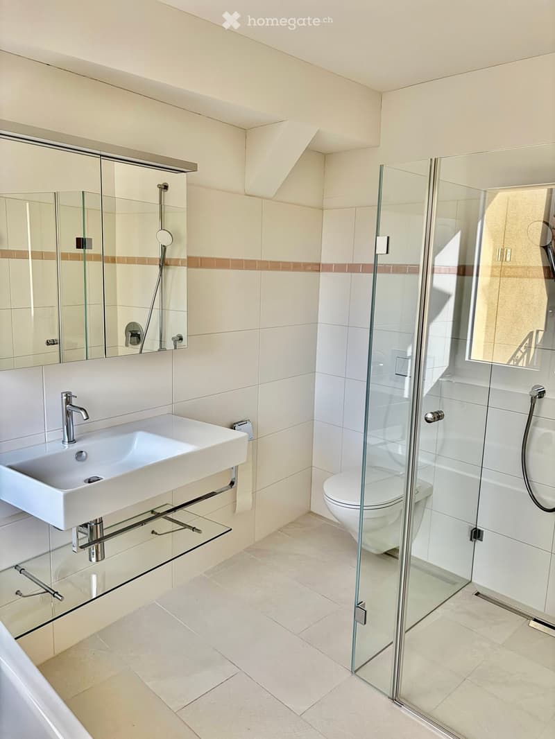 Modern bathroom with a white sink, glass shower enclosure, and a toilet. Features beige tiles and a large mirror above the sink.