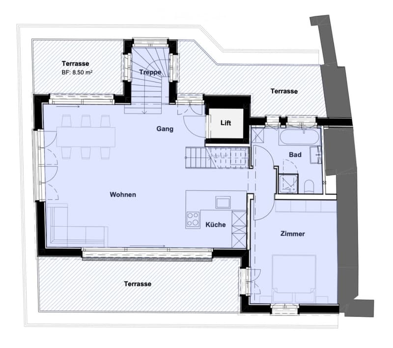 Floor plan includes living room, kitchen, bathroom, bedroom, and terrace.