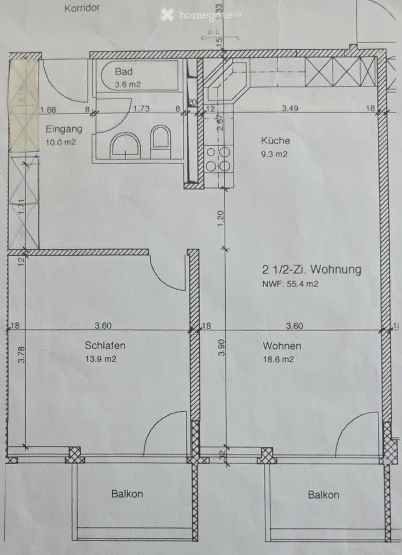 Floor plan of a 2.5-room apartment with living room, bedroom, kitchen, bathroom, and two balconies.