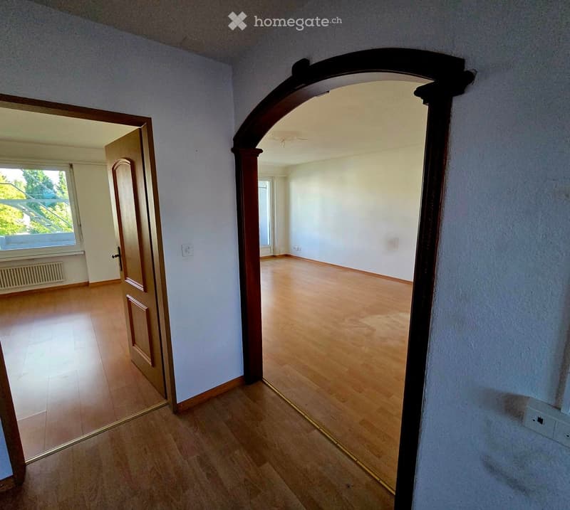 Empty hallway with wooden flooring, light-colored walls, and an arched doorway leading to another room.