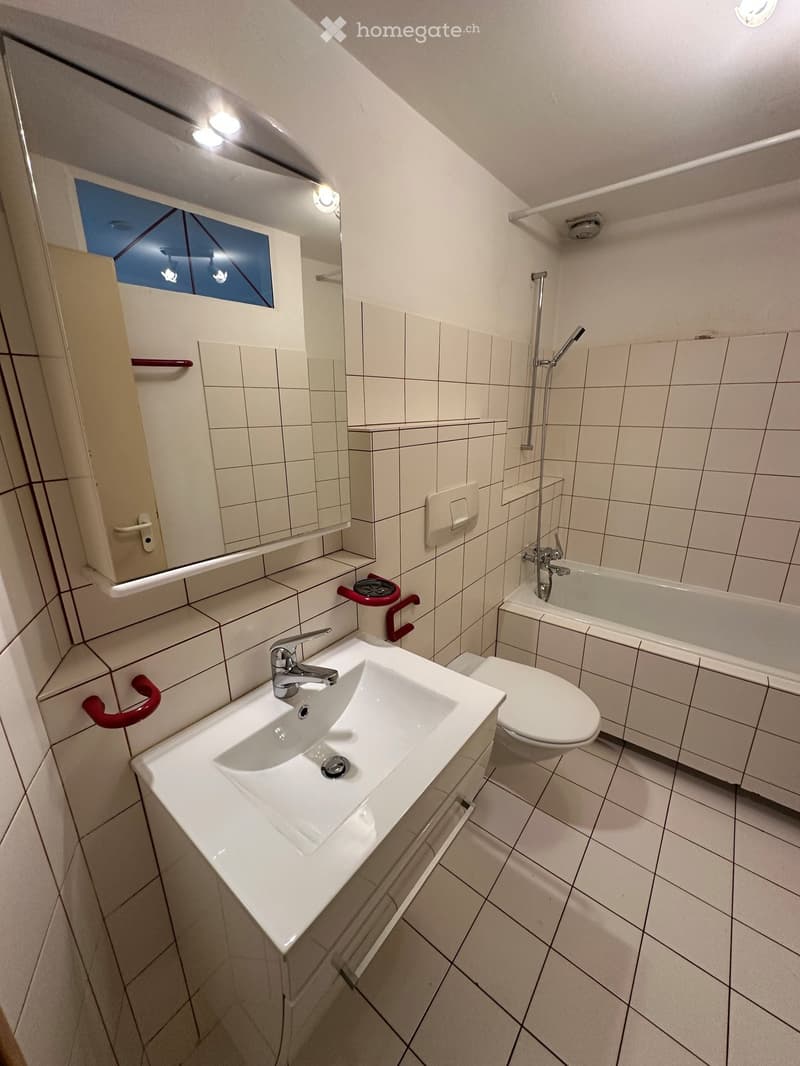 Modern bathroom with white tiles, a sink with a chrome faucet, a toilet, a bathtub with a showerhead, and a large mirror with a built-in shelf. Red grab bars are installed for safety.