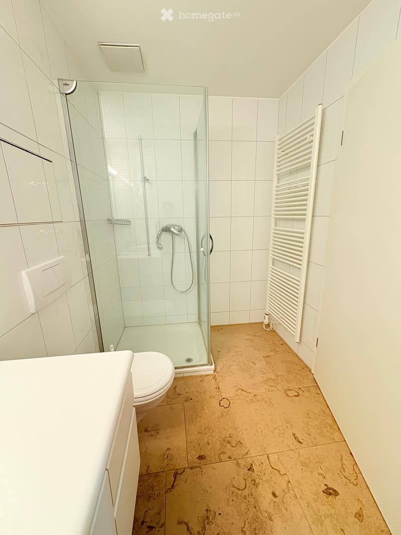 Modern bathroom with white tiles, a glass-enclosed shower, a toilet, a sink, and a white radiator.
