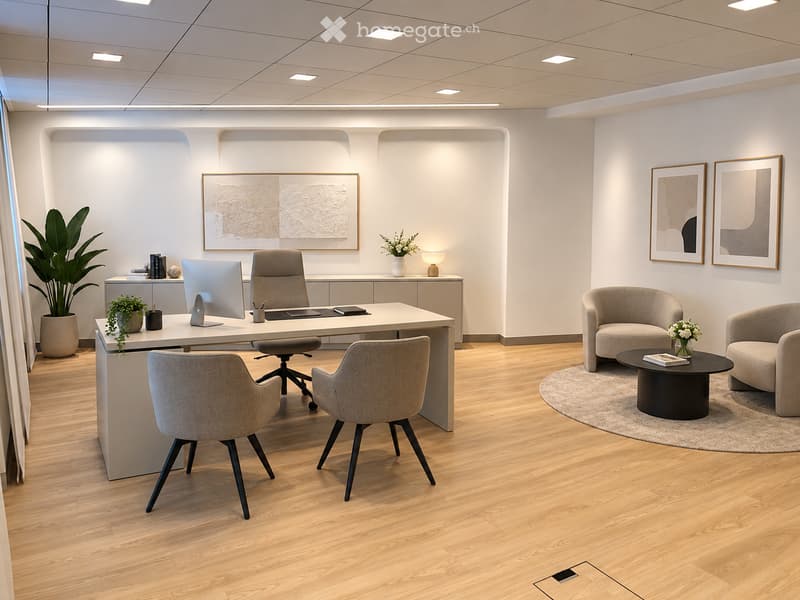 Modern office space with a large desk, chairs, a round coffee table, and two armchairs arranged around it. The room features a large potted plant, a small table lamp, and several picture frames on the walls.