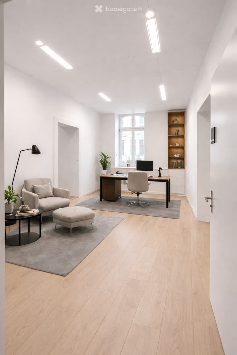 modern office room with wooden floor, white walls, desk, chair, lamp, shelves, plants, carpet