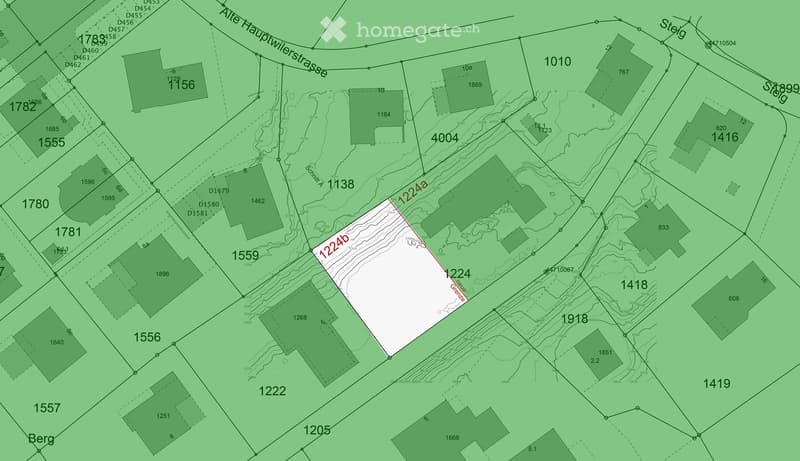 Topographic map showing land plots and property boundaries with labeled areas and elevation contours.