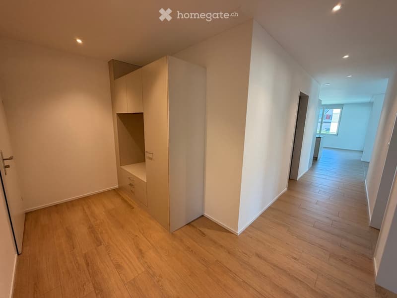 Empty hallway with light wooden flooring, white walls, built-in storage unit, and recessed lighting.