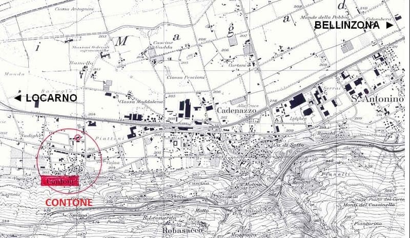 Topographic map showing the geographical layout of Bellinzona, Locarno, and Contone with labeled streets, buildings, and terrain features.