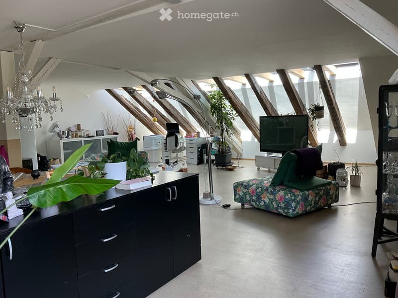 A modern, open-concept living space with exposed wooden beams and skylights. Features include a sofa, a coffee table, a cabinet, a chandelier, a floor lamp, a screen, a chair, and several potted plants.
