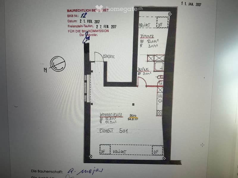 Floor plan showing a layout with labeled rooms including a living/dining area, office, bedroom, and bathroom.