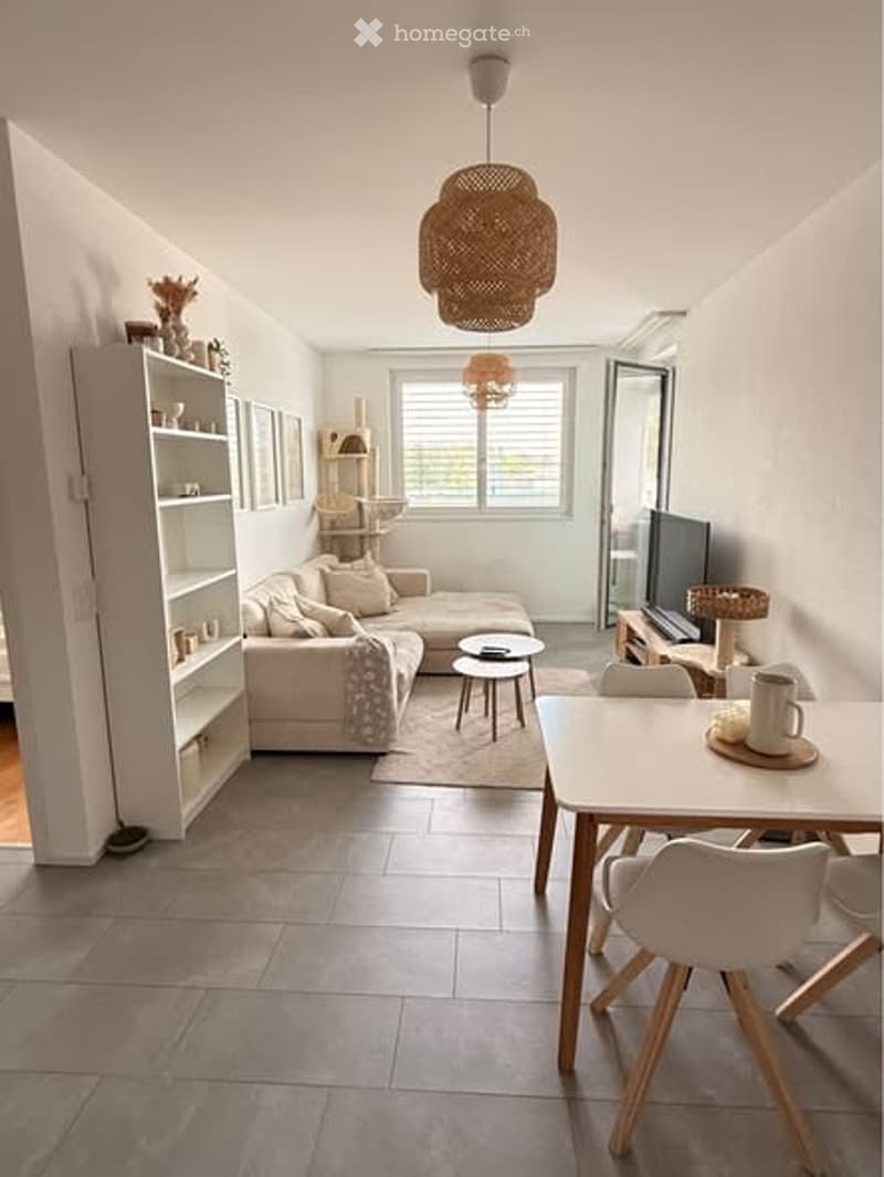 Bright, modern living and dining area with a white sofa, coffee table, dining table with chairs, bookshelf, cat tree, and a television. Natural light streams in from large windows, complemented by stylish pendant lighting.