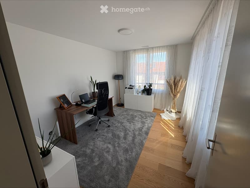 A modern, well-lit home office with a wooden desk, ergonomic chair, laptop, printer, and decorative plants. The room features a large window with sheer curtains, a grey shag rug, and a floor lamp.