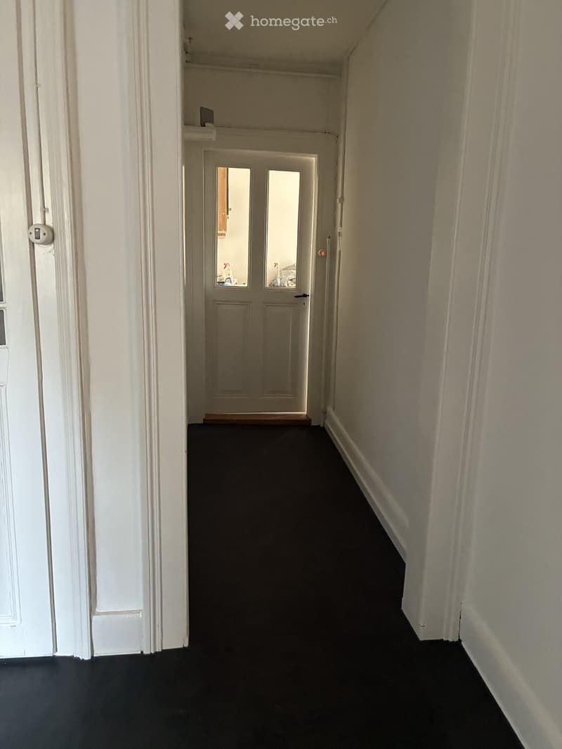 A narrow hallway with dark flooring, white walls, and a door at the end leading to another room.