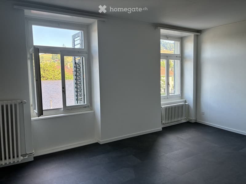 Empty room with dark flooring, white walls, and large windows offering views of greenery and neighboring buildings.