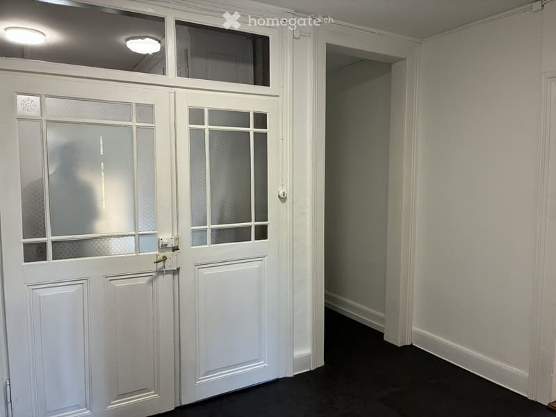 Empty hallway with white walls, black flooring, and a white door with glass panels leading to another room.