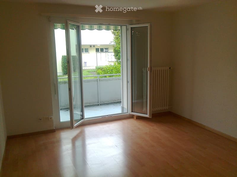 Empty room with wooden flooring, large sliding glass doors leading to a balcony, radiator on the wall, and a view of greenery outside.