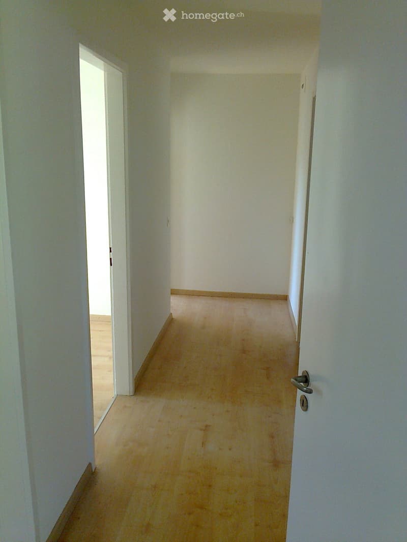 Empty hallway with light-colored walls and a wooden floor, featuring a closed door on the right and an open doorway leading to another room on the left.