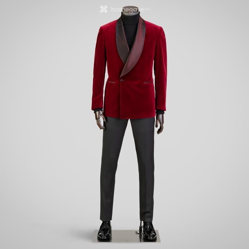 A mannequin dressed in a red velvet blazer with a black lapel, black trousers, and black shoes, displayed against a white background.
