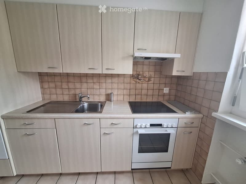 Modern kitchen with light wood cabinets, stainless steel sink, electric stove, and built-in oven.