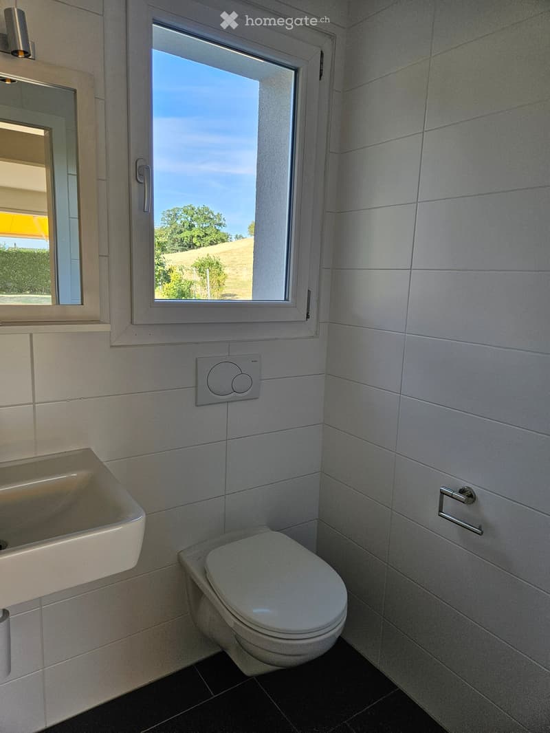 Modern bathroom with white tiled walls, a toilet, a sink, a mirror, and a towel rack. The room has a large window with a view of greenery outside.