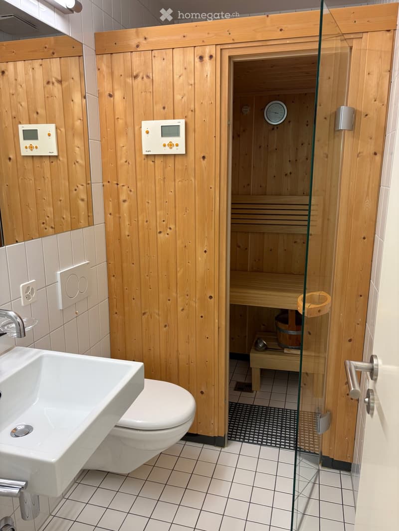 Bathroom with a white sink, toilet, and a wooden sauna area enclosed by a glass door. The sauna features wooden benches, a bucket, and a thermometer.