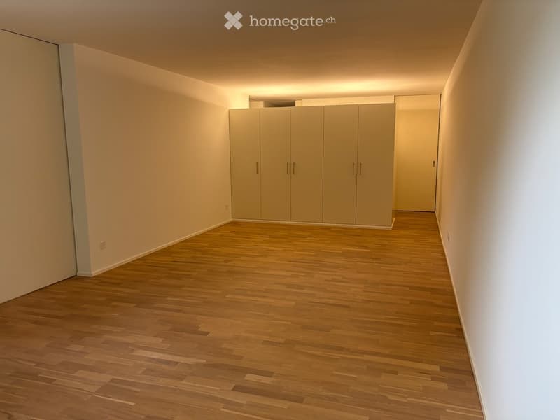Empty hallway with wooden flooring, beige walls, and built-in closet units.