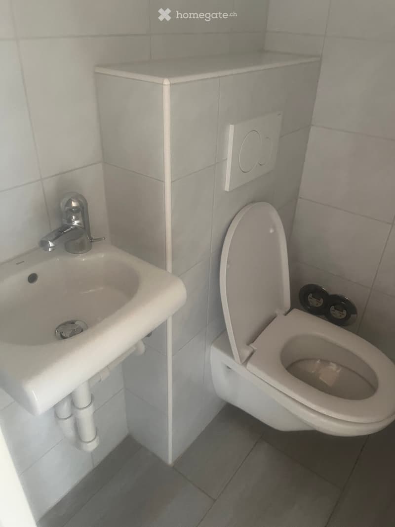 A small bathroom with a toilet and a sink, both white, against tiled walls.