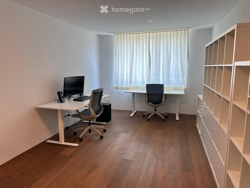 Modern, well-lit room with wooden flooring, two desks, ergonomic chairs, computer setup, and a tall shelving unit.