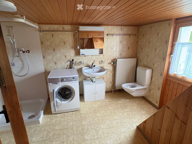 Bathroom with a toilet, sink, washing machine, radiator, mirror, and cabinet. The room features wooden walls and ceiling, tiled flooring, and a shower area with a glass door.