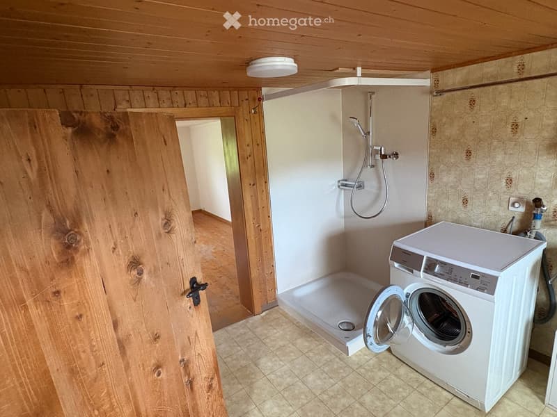 Bathroom with a shower stall, a washing machine, wooden walls and ceiling, tiled floor, and a partially open wooden door leading to another room.