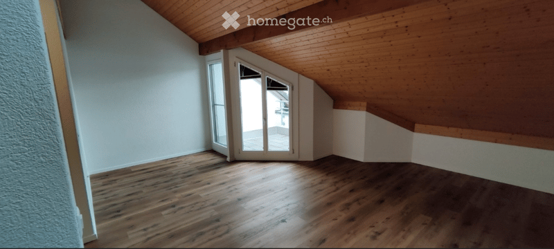 Empty attic room with wooden floors, white walls, and a large skylight window. No furniture or equipment present.
