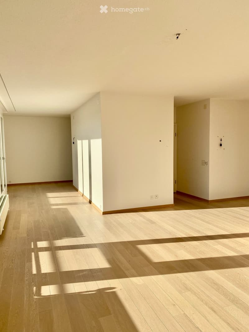 empty room with wooden floors and white walls, ceiling light, power outlets, small window
