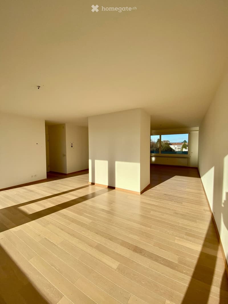 Empty room with wooden floor and large windows, white walls and ceiling