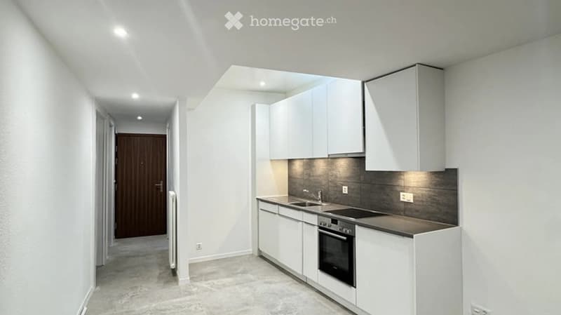 Modern kitchen with white cabinets, stainless steel sink, oven, and sleek countertops.