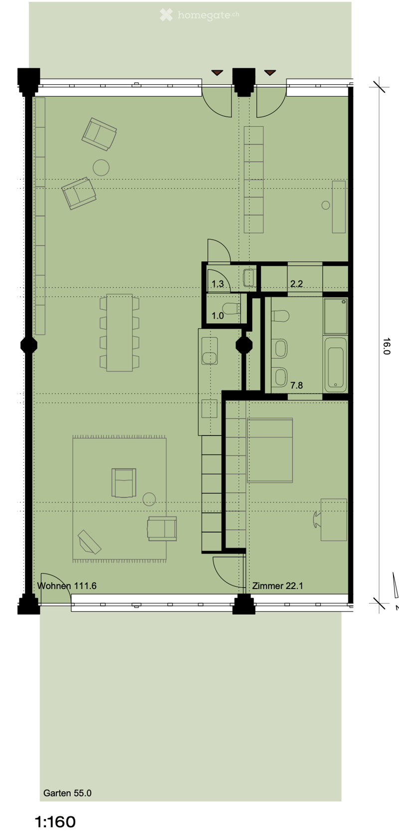 Floor plan of a residential unit with labeled rooms including living area, bedroom, bathroom, and garden.